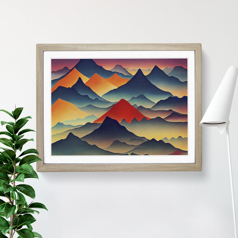 Blissful Painted Mountains Abstract - Single Picture Frame Print, Oak, 46cm H x 64cm W x 2cm D