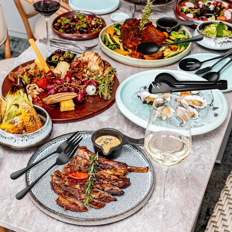 Ensemble d'ustensiles de service de 12 pièces en acier inoxydable - comprend une cuillère à rainure, une fourchette de service, des pinces, une louche à soupe, un service à tarte, un lave-vaisselle pour le buffet, la restauration et un usage domestiq