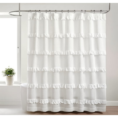 Recycled Cotton Multi Ruffle White Shower Curtain