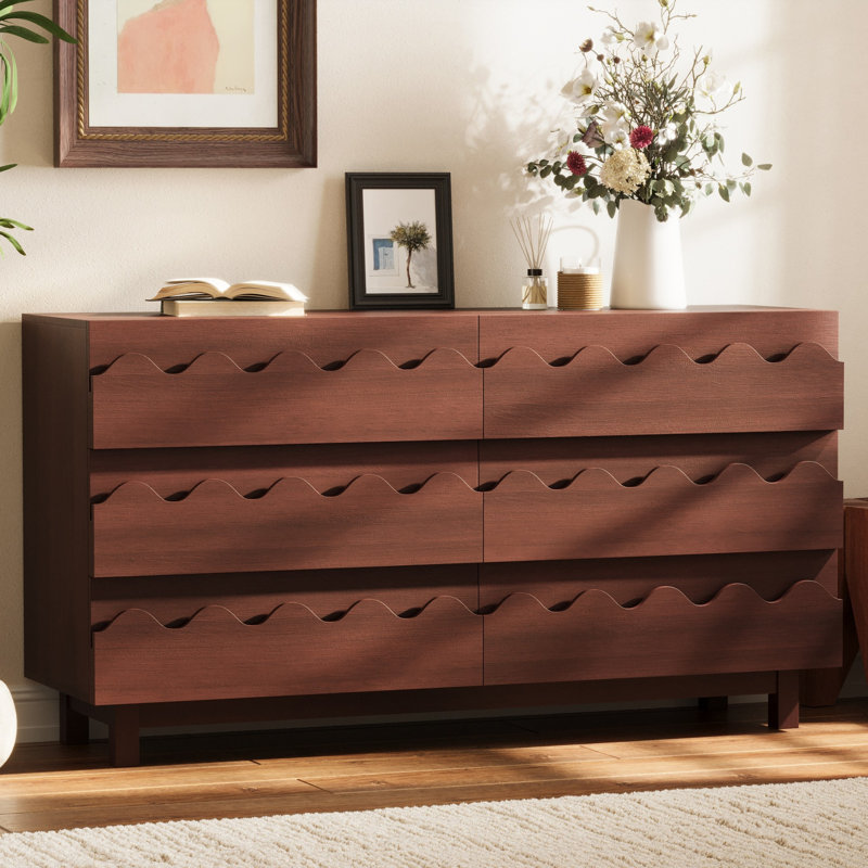 Commode moderne à 6 tiroirs avec devant ondulé pour chambre à coucher, salon et chambre de bébé, Noyer