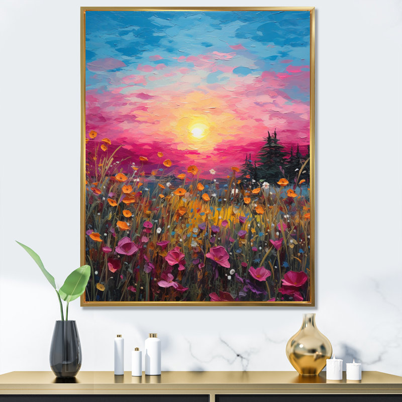 «Breathtake Sunset In Blossoming Flower Meadows I», reproduction sur toile, H 44 po x l 34 po x P 1,5 po, Cadre flottant doré