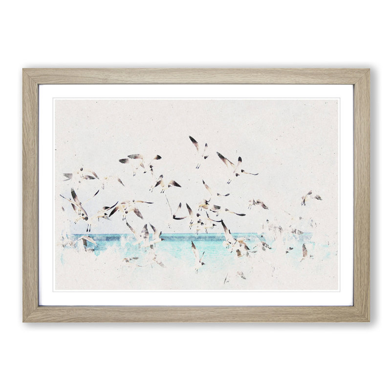 Flock of Seagulls over the Sea - Picture Frame Painting Print, Oak Framed, 62cm H x 87cm W x 2cm D