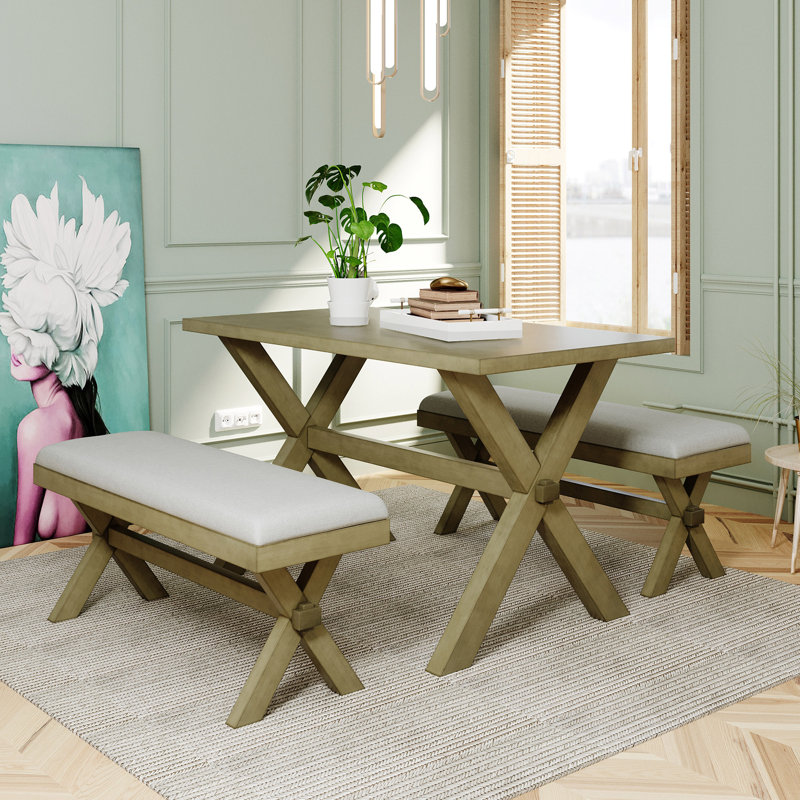 3 Pieces Farmhouse Rustic Wood Kitchen Dining Table Set, Green, Green