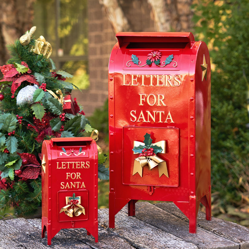 Set of 2 Glossy Red Iron Christmas Mailboxes with Gold Details