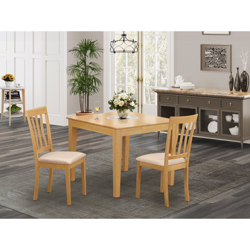 3 Piece Dining Table Set for Small Spaces Contains a Square Dining Room Table and 2 Linen Fabric Chairs, Oak