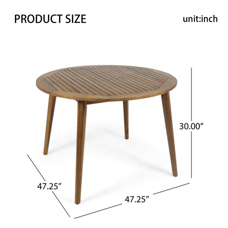 Table de salle à manger ronde 47,25 po en bois d'acacia avec finition en teck, table de patio moderne à lattes pour l'intérieur et l'extérieur