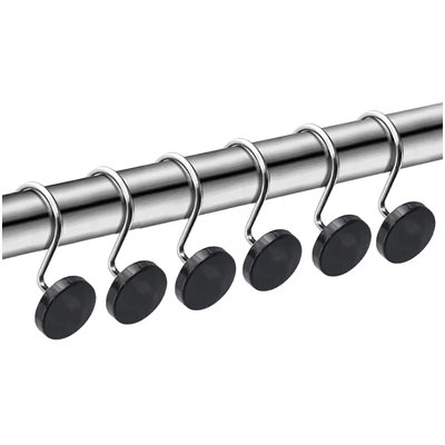 12 Piece Set - Chrome Black Heavy Duty Shower Curtain Hooks Rings Rustproof Metal