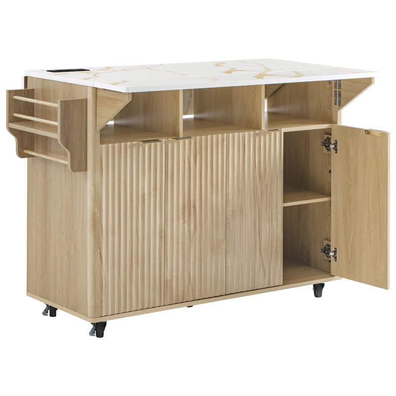55.5" Fluted Kitchen Island with 2 Drop Leaf, Kitchen Storage Cart with Power Outlet, 4 Doors, Spice rack, Rolling Island Table with Faux Marble Top, Curved Edge for Kitchen, Dining Room,Natural