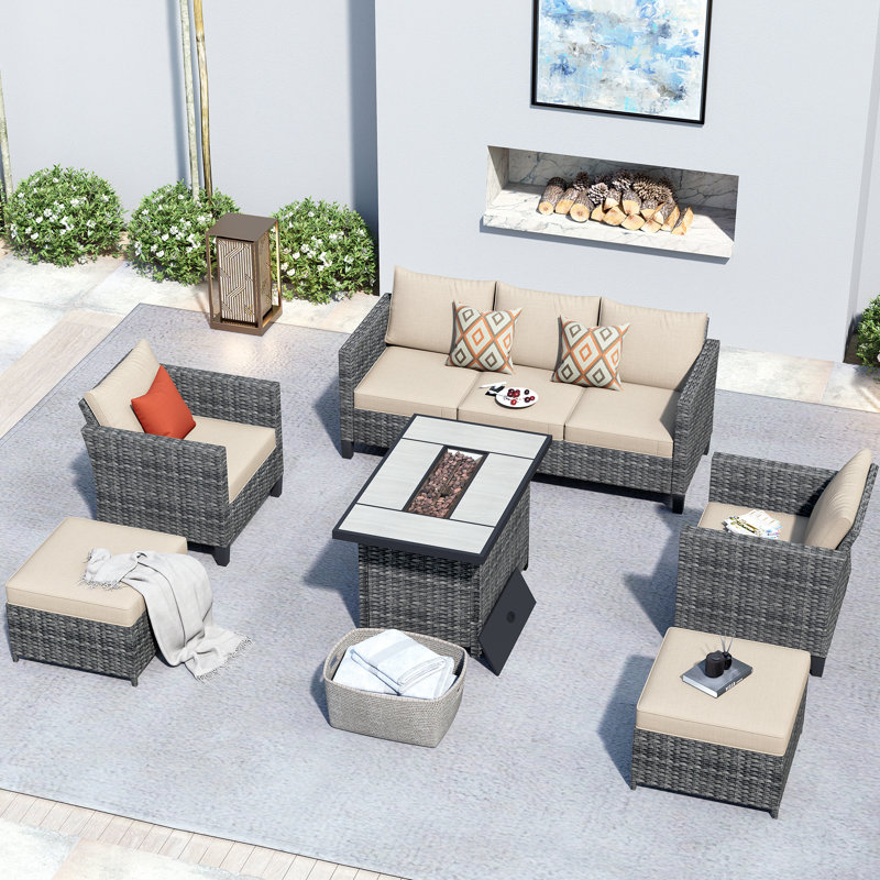 Ensemble de conversation en rotin avec coussins Jyron, Beige, Gris, Yes