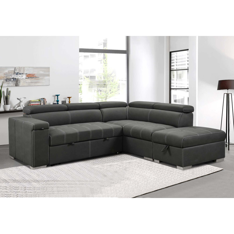 Ensemble de canapé modulaire en forme de L 3 pièces avec lit gigogne et canapé 5 places, Microfibre grise
