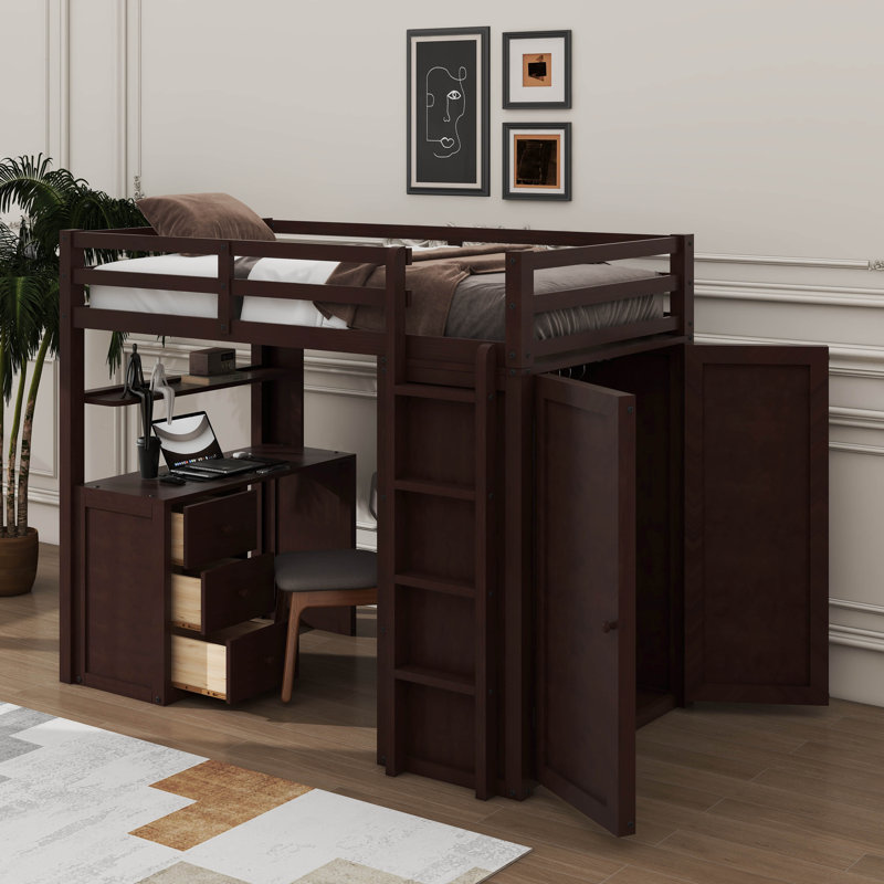 Lit mezzanine avec bureau à tiroirs et garde-robe intégrés, Simple, Espresso