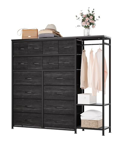 Tall Dresser for Bedroom with 16 Drawers, Clothes Rack and Storage Shelves, Bedroom Storage Dresser for Clothes Organization