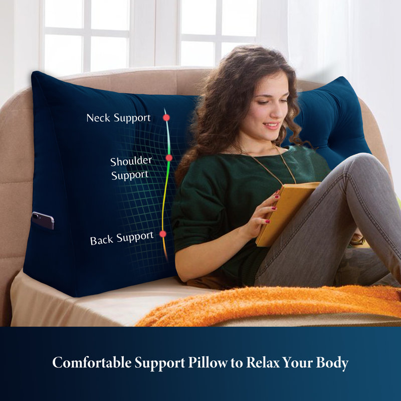 Sit-up Back Comfort 100% Cotton Velvet Wedge Headboard Reading Pillow with Removable & Washable Cover Compression, Blue
