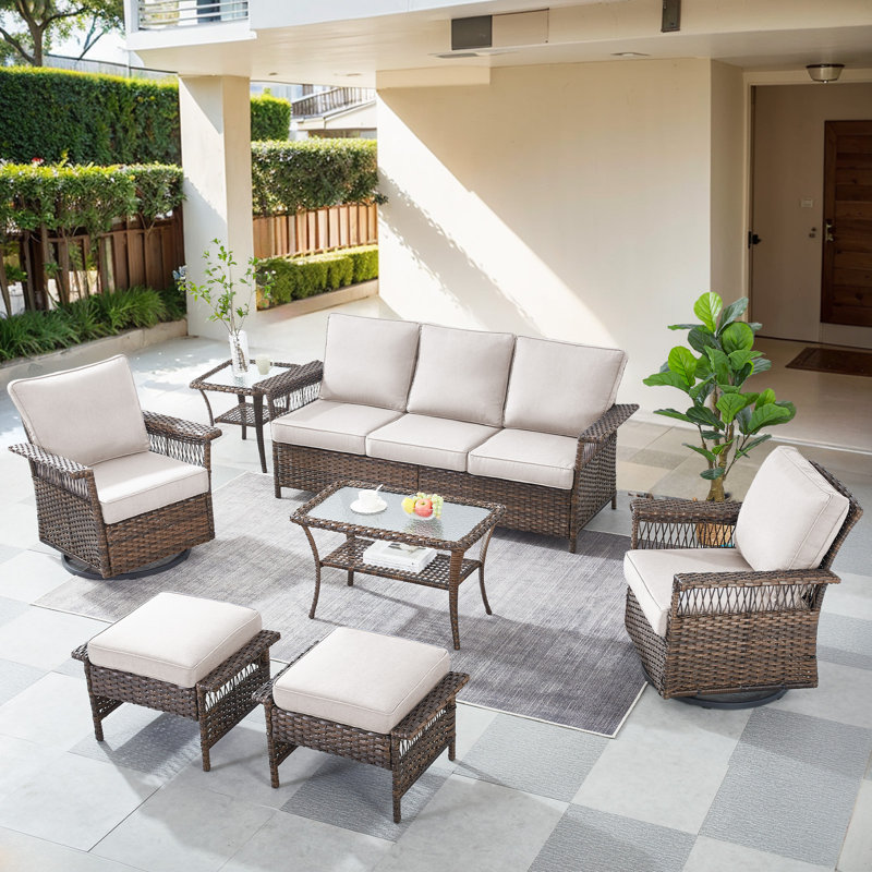 Ensemble de conversation avec canapé en rotin 7 pièces avec coussins, Beige
