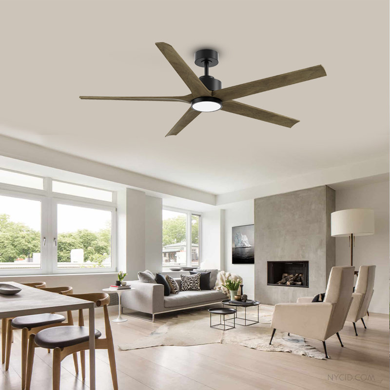 60” 5 Blade Solid Wood Ceiling Fan With Light & Remote Control,elegant & Quiet Airflow, Black, Light Brown