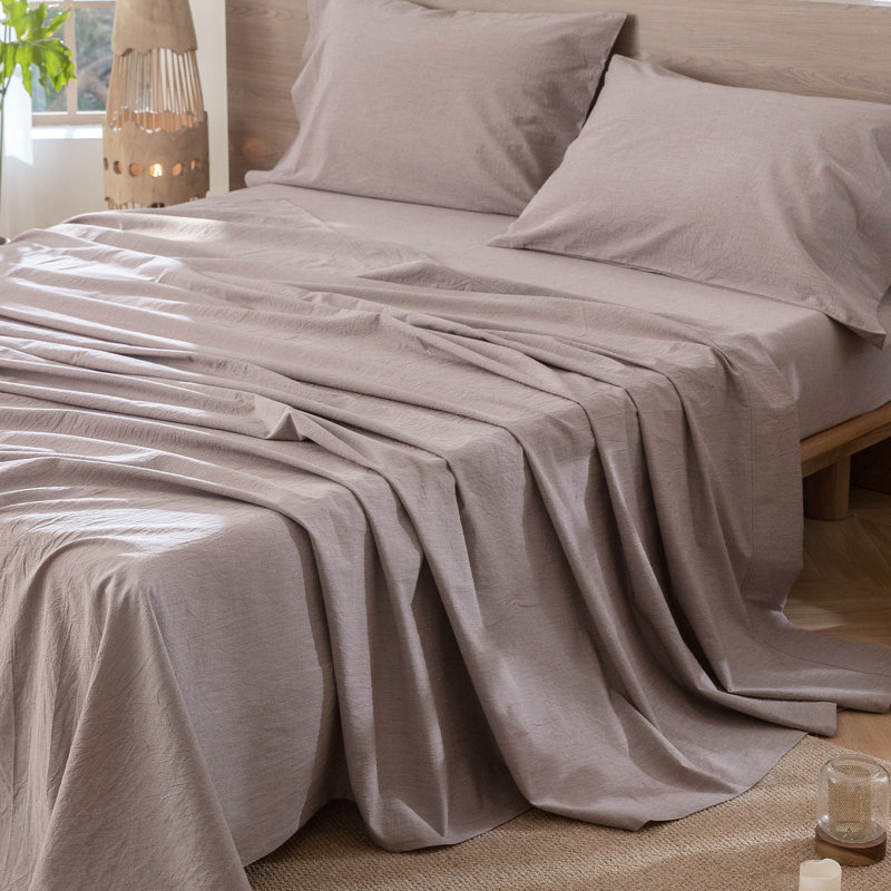 Drap plat 100% coton lavé MooMee, Drap plat de taille très grand, Mauve / brun