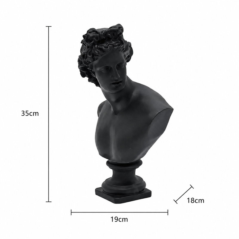 Black Neo-Classical Bust Sculpture – Matte Resin Decorative Ornament (35 cm) 