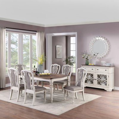 Transitional Style 7Pc Dining Set Dining Table W Oak Top 6Xside Chairs Cushion Seat Antique White Kitchen Dining Room (Dining Set)