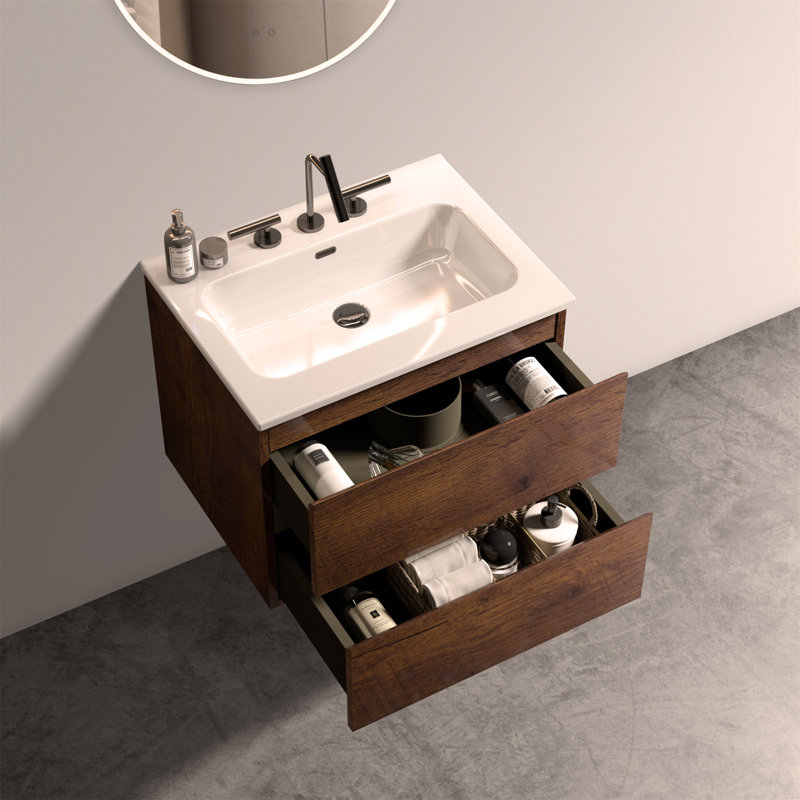 Meuble-lavabo mural 24 po avec lavabo en céramique avec un trou de robinet, grand meuble-lavabo flottant de rangement pour salle de bain
