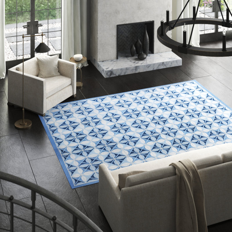 Delphine Hand-Knotted Wool Blue/White Area Rug, Rectangle 8' x 11'