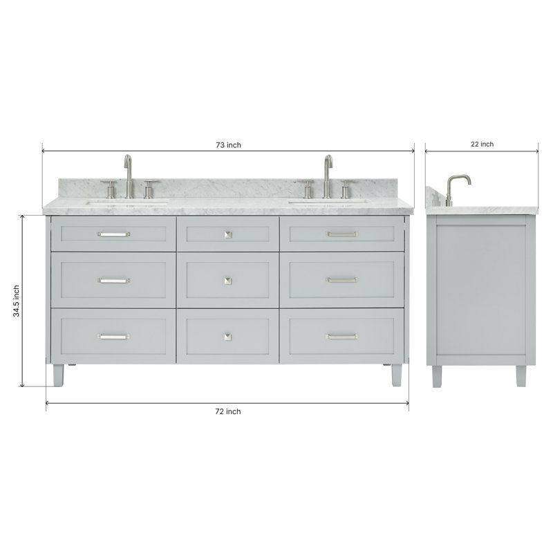 ARIEL Monroe 73 Double Sink Bathroom Vanity with Italian Carrara Marble Top, Gray