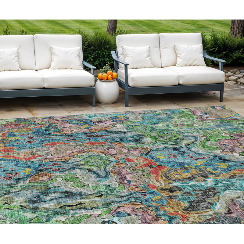 Tapis d'extérieur lavable abstrait bleu sarcelle 10 pi x 14 pi bleu