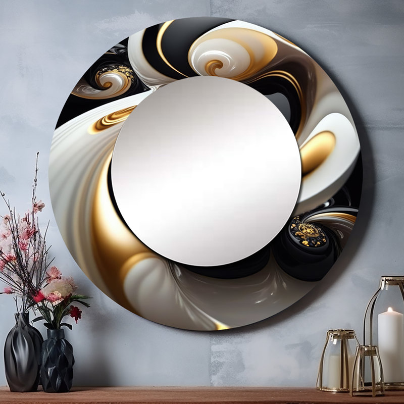 Parizoda liquide blanc vitrail III - miroir mural spirales abstraites, miroir décoratif rond moderne, art imprimé en métal