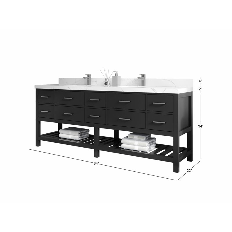 Parker 84 In. W X 22 In. D Double Sink Bathroom Vanity In Evergreen With 2 In., Calacatta Black