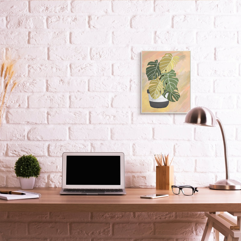 Monstera tropical à feuilles uniques sur fond abstrait, Bois, H 13 po x l 19 po