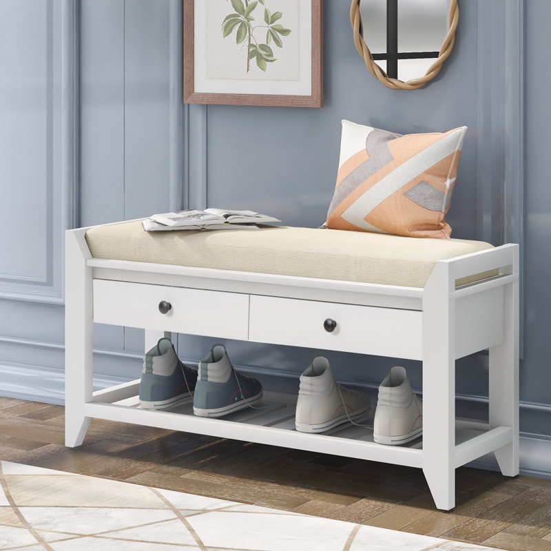 Banc de rangement polyvalent pour hall d'entrée - Range-chaussures avec siège rembourré et 2 tiroirs, bois de pin massif