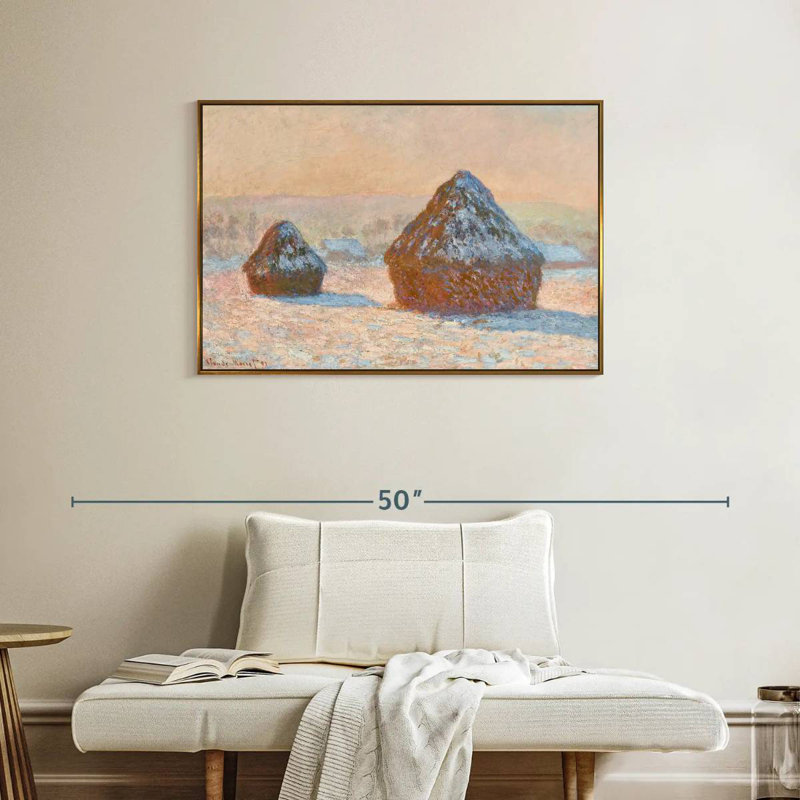 Wheatstacks Snow Effect Morning 1891, 37 po x 25 po, Cadre flottant doré