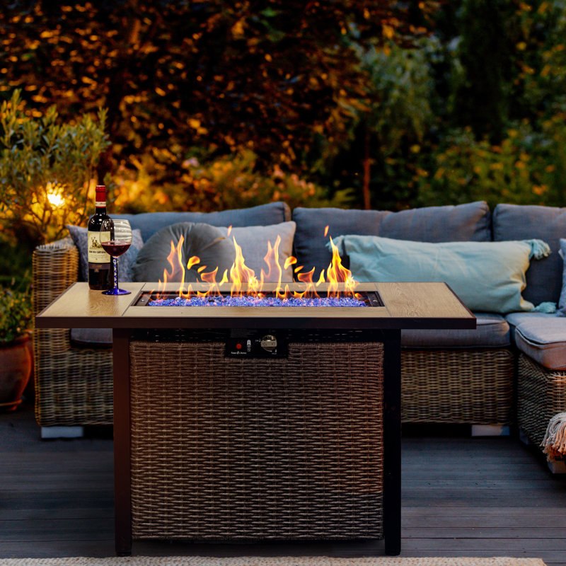 42" 50,000 BTU Rattan Propane Fire Pit Table with Hidden Tank Storage, Blue Glass Beads,& Lid