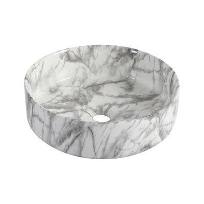 Lavabo vasque en céramique blanc et gris au-dessus du comptoir, facile à entretenir, surface lisse, lavabo rond de 4,63 pouces de hauteur pour comptoir de salle de bain, faible absorption d'eau, glacis à trois couches, largeur de 15,6 po