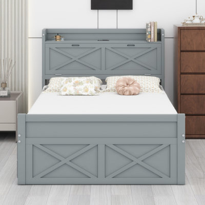 Wooden Bed With Storage Headboard With Outlets, Trundle Bed With Three Storage Drawers