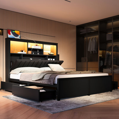 Black Queen Bed Frame With Led Lights And Charging Station, 4 Storage Drawers, All - Metal Construction, Noise , No Box Spring, Large Capacity Bookcase Headboard, Vintage Design, Quick Setup, 1200Lbs