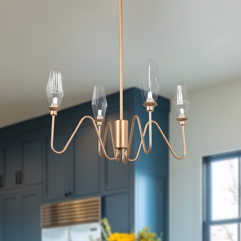 Luminaire suspendu en forme de chandelier courbé à 4 lumières Contemporary Glam Gold