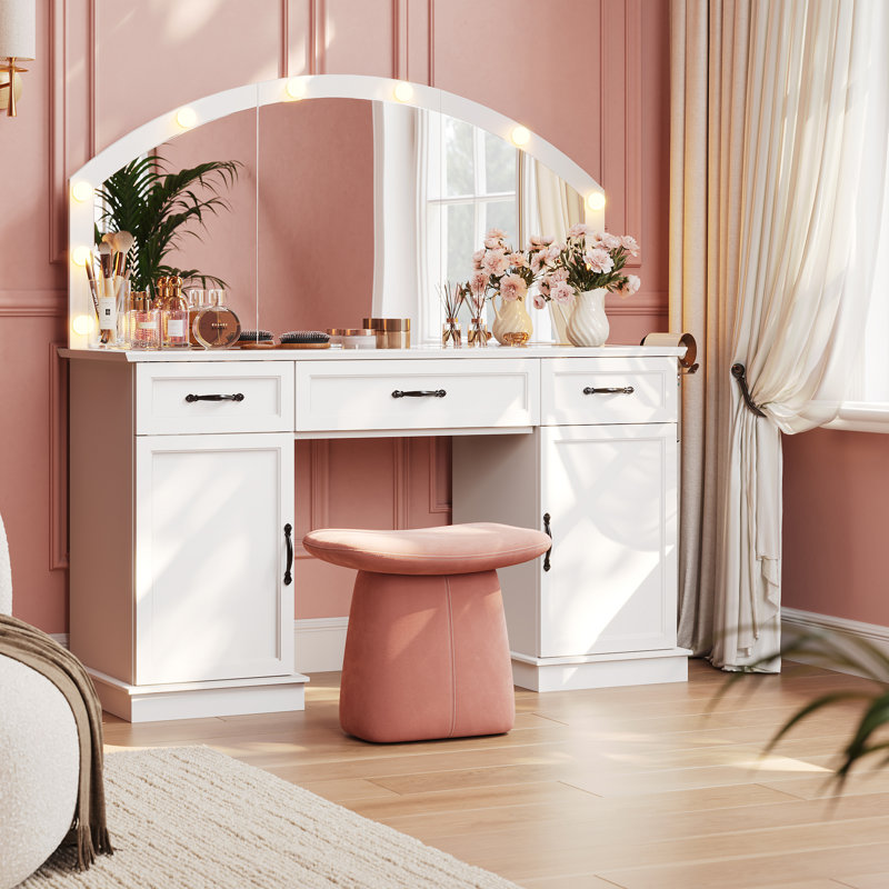 Bureau de meuble-lavabo 55 po avec miroir en verre et rangement à DEL - 3 modes de couleur, table de maquillage à commande tactile pour la chambre à coucher - Organisateur pour cosmétiques, soins de la peau et bijoux