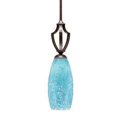 Zilo Stem Hung Mini Pendant Shown In Dark Granite Finish With 5.5″ Turquoise Fusion Glass