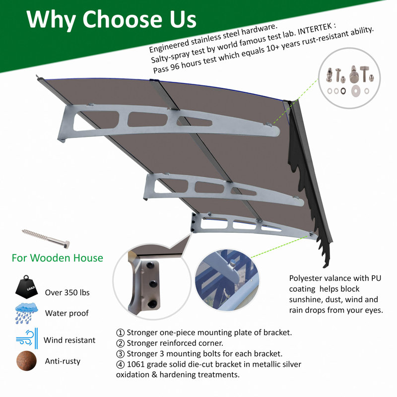 Window Awning Canopy Made Of 0.137Inch Thick Solid Polycarbonate Sheet With Valance For Masonry Concrete Wall House Only.,Sunshade Conapy