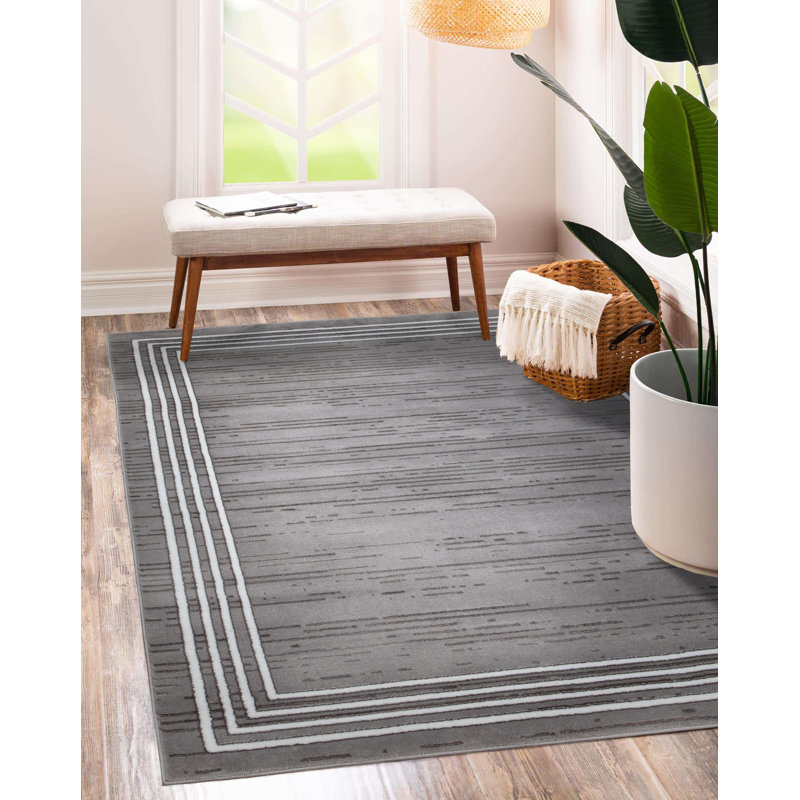 Tapis gris / blanc en polypropylène tissé à la machine Caleal, Rectangle 3 pi 3 po x 4 pi 11 po