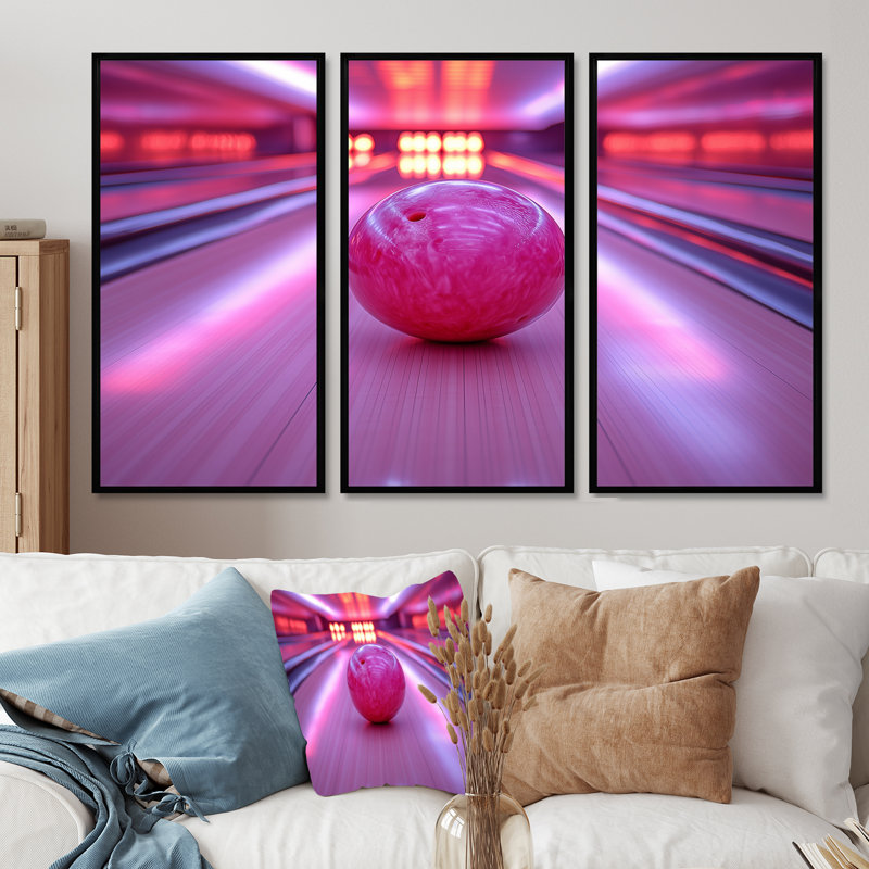 «Pink and Purple Bowling Strike Celebration» - ensemble de reproductions d'art mural, Toile avec cadre flottant noir