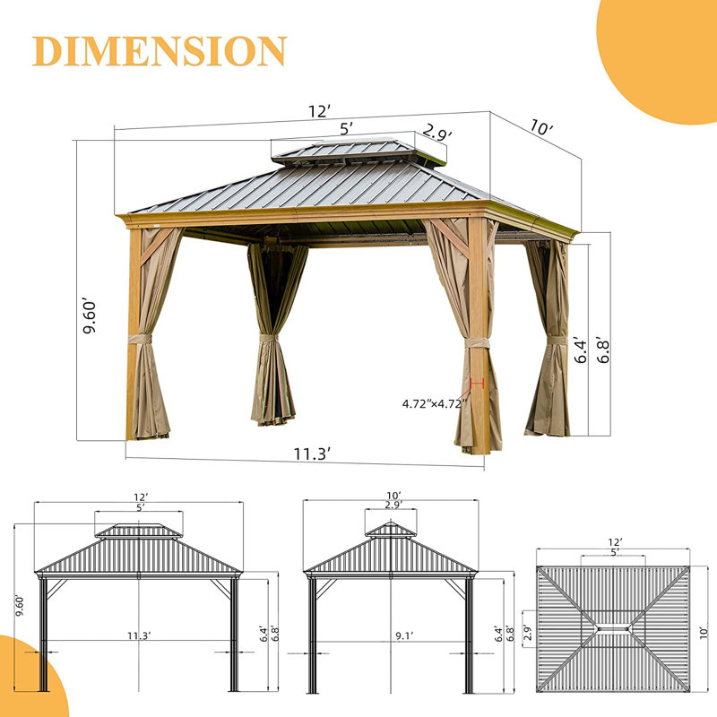 Cavus Outdoor Aluminum Patio Gazebo with Galvanized Steel Double Roof, 12 ft. x 10 ft.