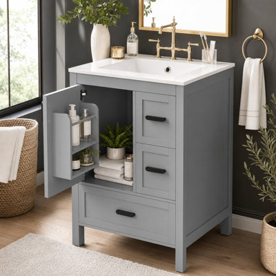Meuble-lavabo moderne autoportant 24 po avec lavabo en céramique et rangement intelligent