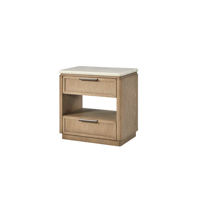 Table de chevet avec deux tiroirs à fermeture en douceur, placage de chêne, plateau en pierre beige lisse, tablette centrale ouverte pour lecteurs électroniques et petits appareils électroniques, tiroir supérieur doublé de feutre, tablette inférieure, tablettes de charge, bois massif +,
