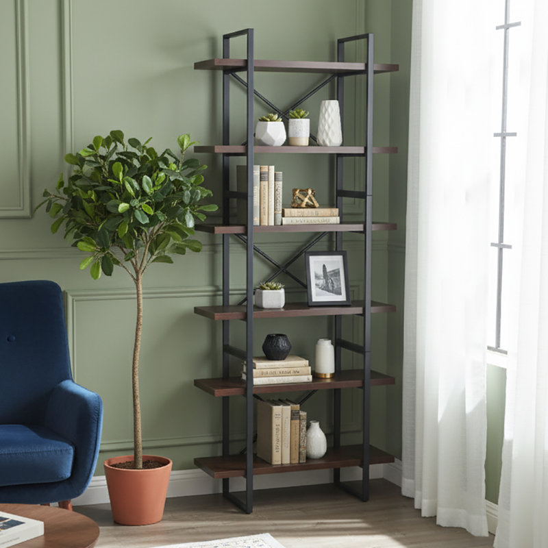 Berdena 85'' H x 35.43'' W Steel Etagere Bookcase, Black/Walnut, (6 Shelves) 85” H x 35” W x 13”D