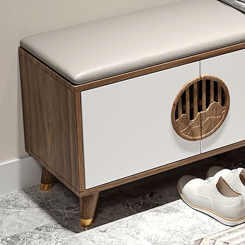 55.1in Multi-functional Shoe Storage Bench, White/Light Walnut