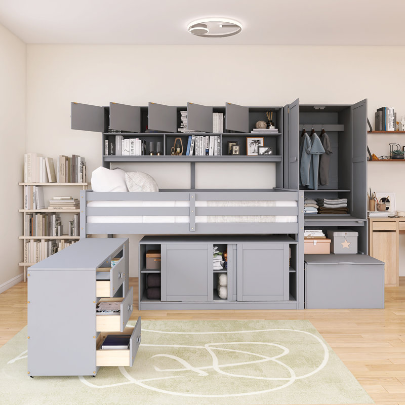 Lit mezzanine double en bois avec bureau sous le lit, tiroirs et tablettes, Gris, Lit double