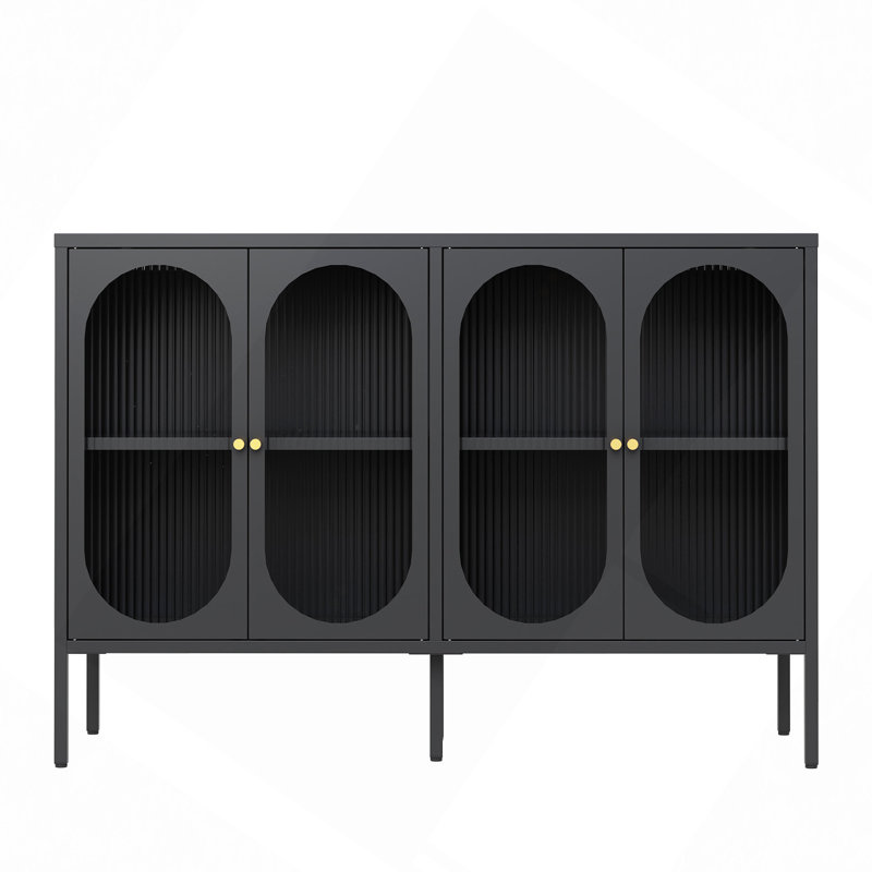 Buffet polyvalent avec quatre portes en verre, idéal pour la cuisine, le salon et le couloir, offrant beaucoup d'espace et un design élégant