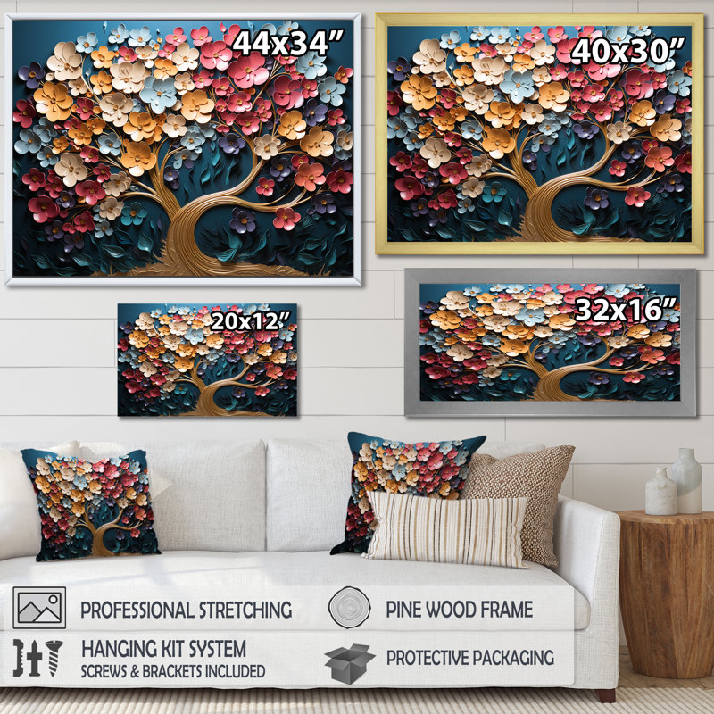 Orchidée dorée colorée, jardin de branches IV - arbre, art mural, Cadre de coin fermé argenté, H 30 po x l 40 po x P 1,5 po