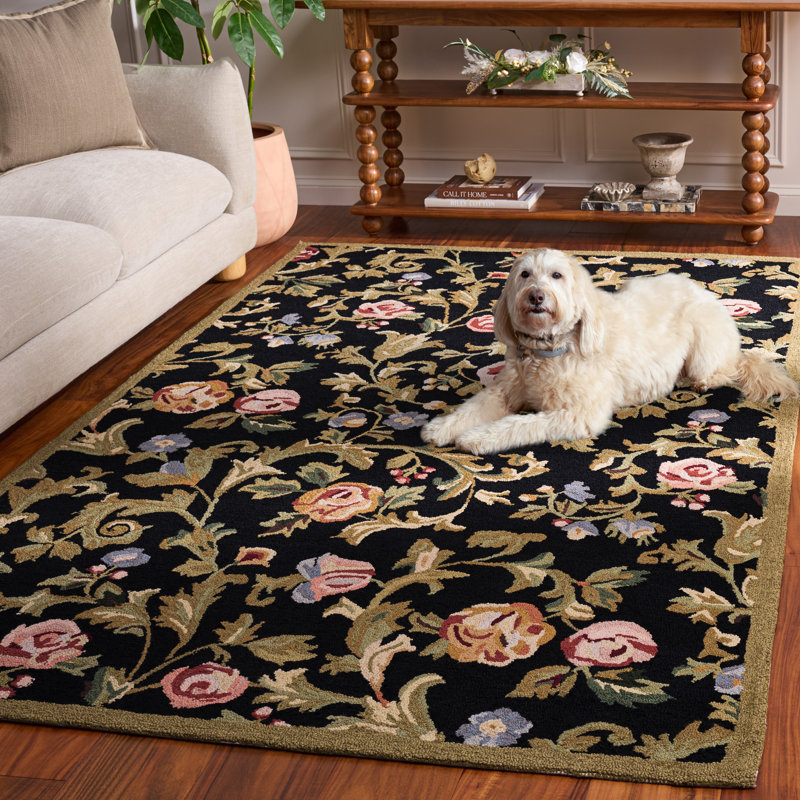 Hollander Hand-Hooked Wool Black Area Rug, Rectangle 5'3" x 8'3"